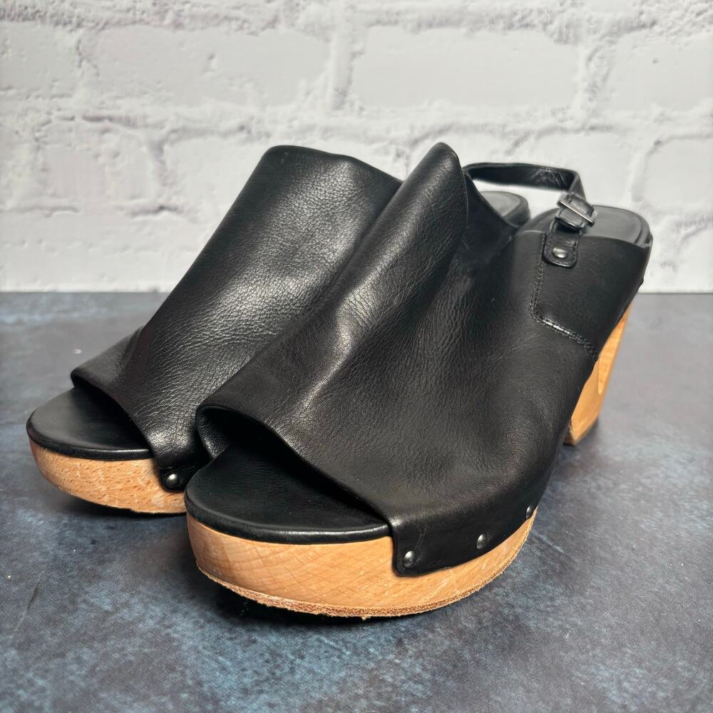 Eileen Fisher Studded Black Leather Clogs Open Toe Slingback Wood Platform Sz 8